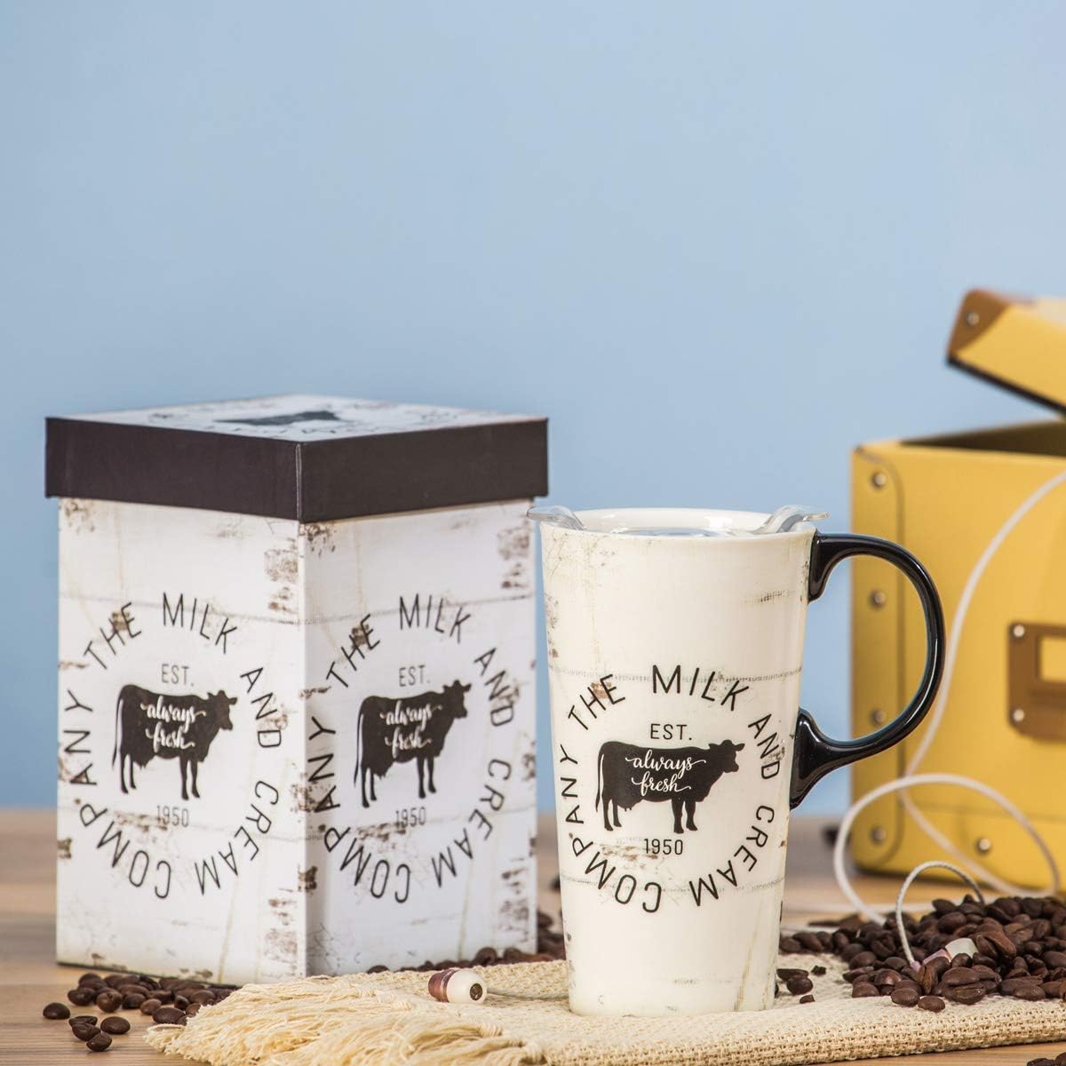 Topadorn Coffee Ceramic Mug Porcelain Latte Tea Cup with Lid 17oz, MiIk - Image 4