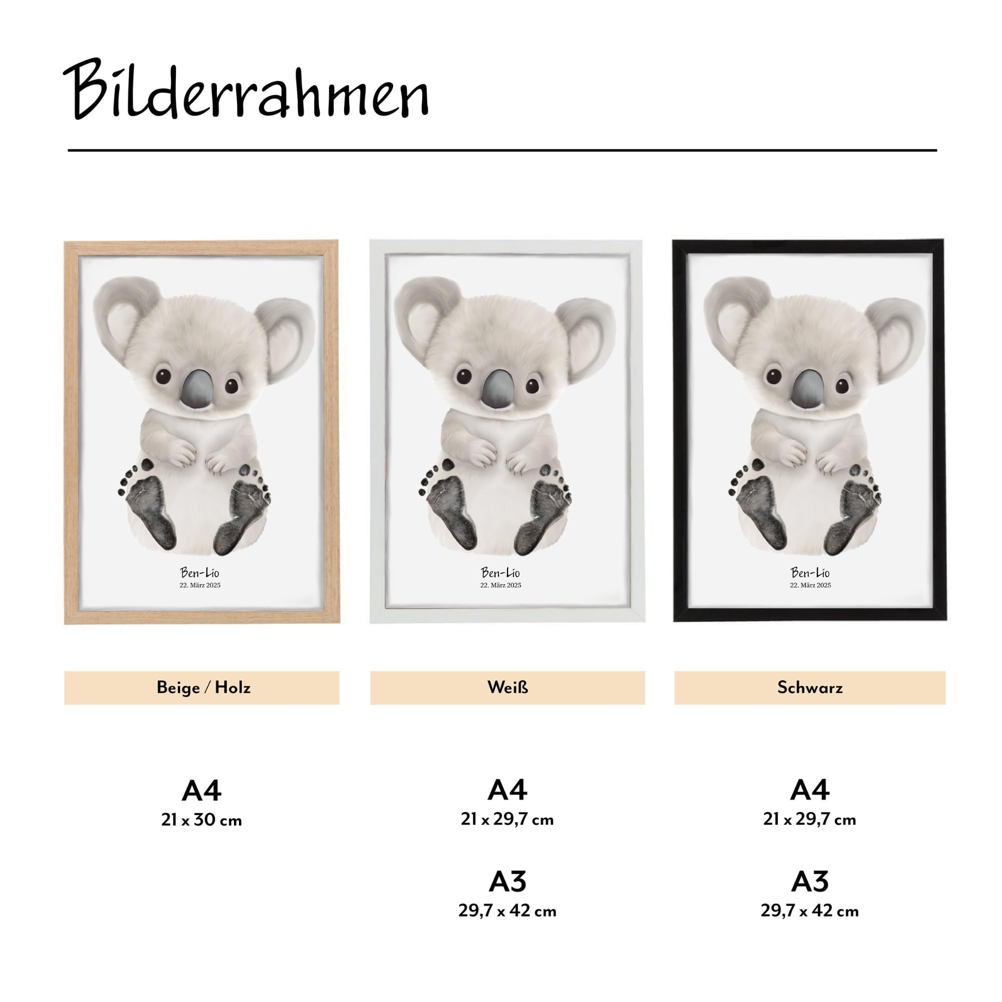 Personalisiertes Baby Fußabdruck Poster im Skandi Boho beige Stil Babyfußabdrücke auf Tier Geschenk Geburt Taufe 1. Geburtstag Junge Mädchen (Koala, DIN A4 - bis ca. 6 Monate)