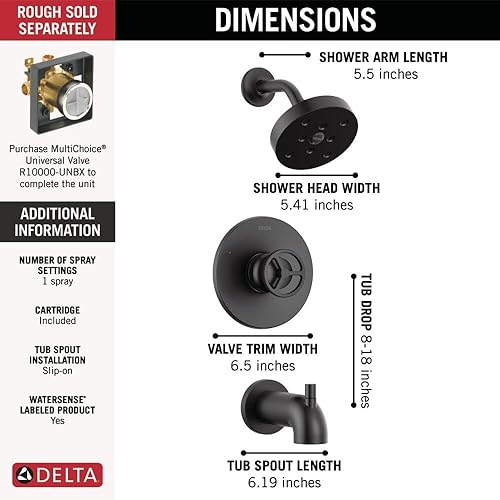 Miniatura 4 de Delta Faucet Trinsic T14458-BL - Juego de grifos de ducha para bañera de la serie 14 color negro mate con cabezal de ducha H2Okinetic, kit de