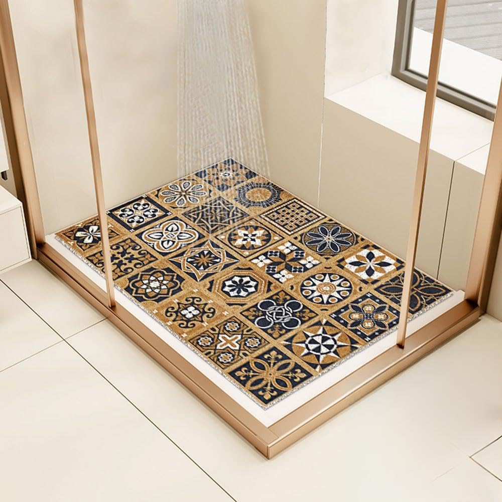 Surwin Bath Mat Non Slip Shower Mats, Moroccan Boho Style Anti Slip Bathtub Mat Quick Dry Soft Rubber Loofah Bathroom Mats for Inside Shower Bathroom Bath Tub Floor (80x120cm,Brown)