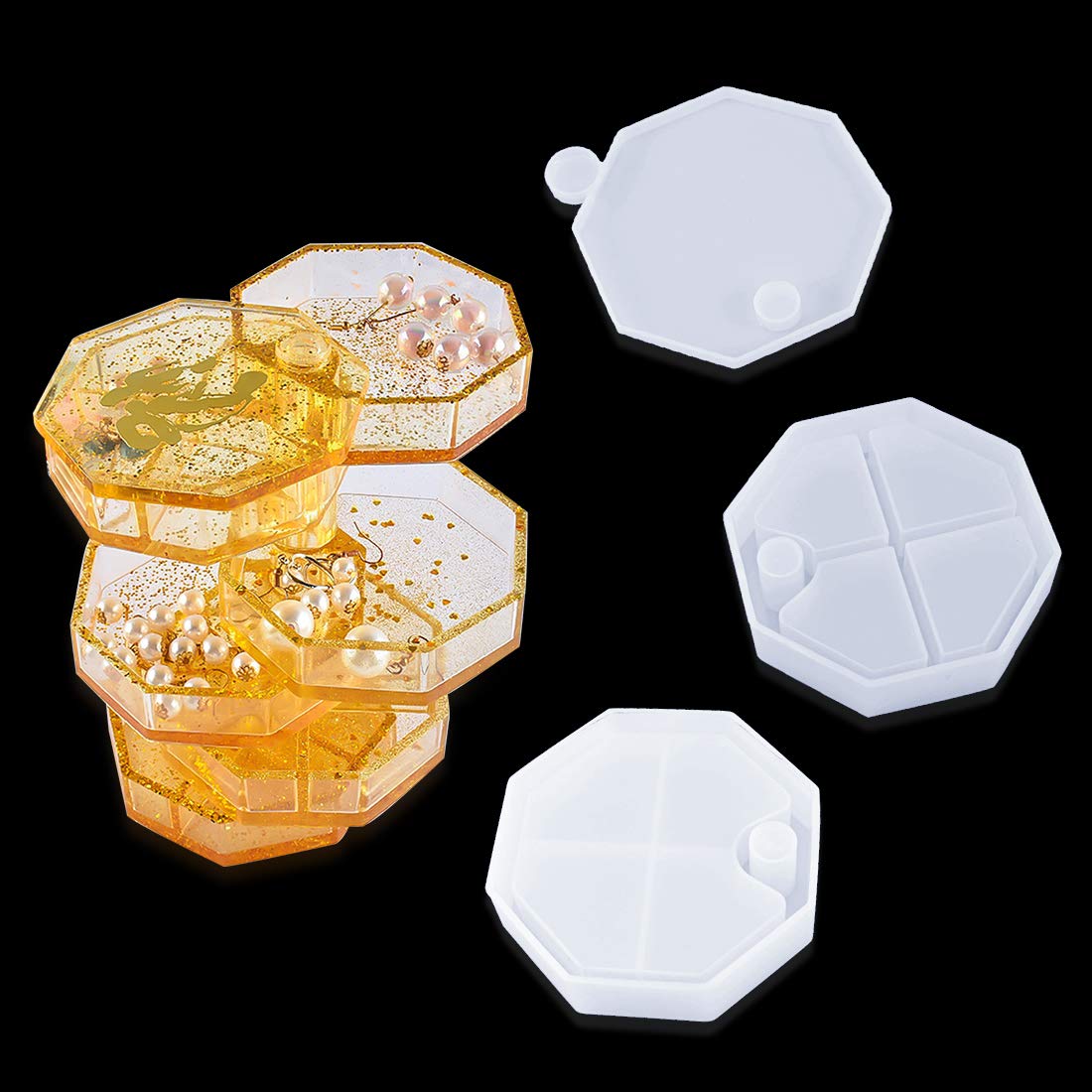 FineInno Octagon Silicone Epoxy Casting Molds Rotating Tray Organisers Resin Moulds Jewellery Storage Trinket Box Mold with Lid for DIY Jewelry Holder