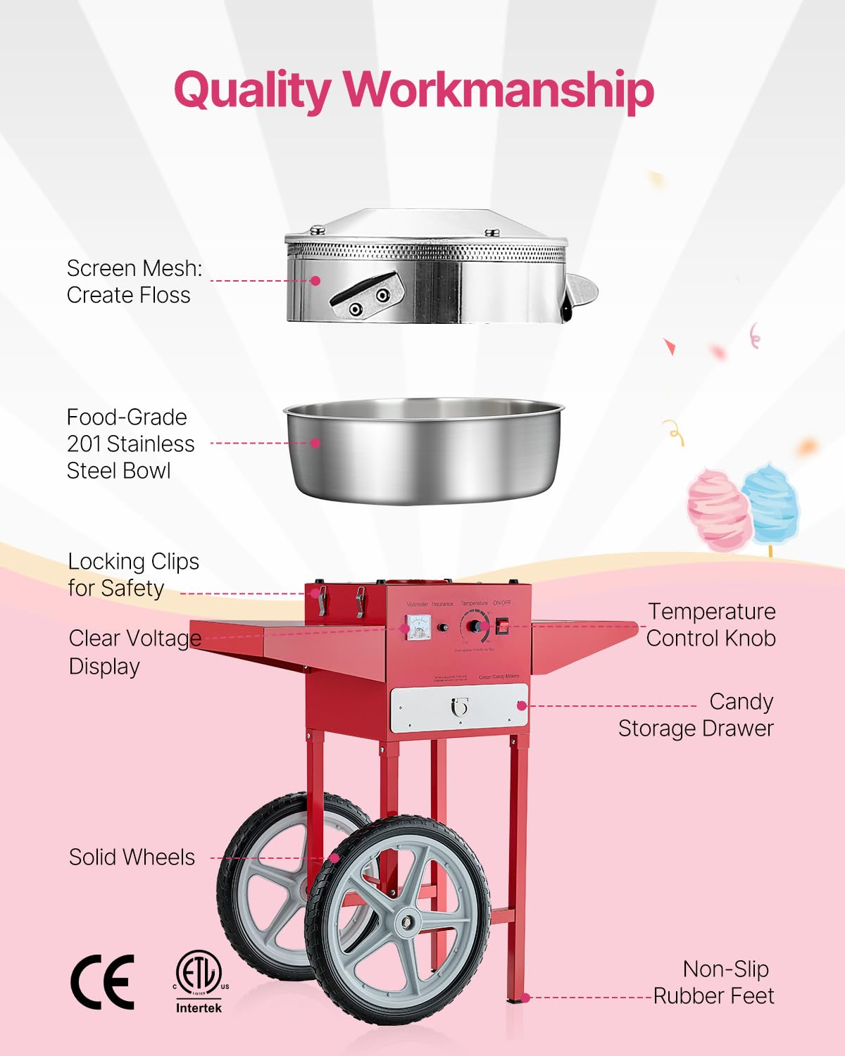 VEVOR Macchina Elettrica per Zucchero Filato con Carrello, Macchina per Zucchero Filato 1000 W con Ciotola in Acciaio Inox 52 cm, Misurino per Zucchero Cassetto, per Compleanni, Feste, Rosso