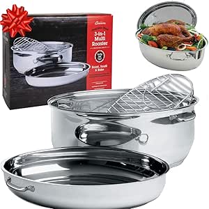 Camerons 3 in 1 Multi Roaster- Tri-ply 18/10 Professional Grade Stainless Steel- 11qt Poultry Roasting Pan, Stock Pot, Sautee Cookware &amp; Lid-Induction Capable &amp; Stick Resistant-Great for Mothers Day