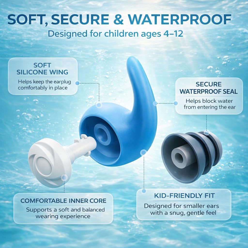 Bouchons d’Oreille Natation Enfant 4-12 Ans 3 Paires Silicone Étanche Cordon Amovible Réutilisables