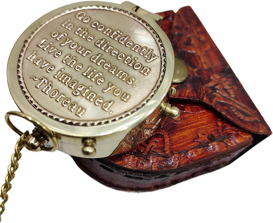 Brújula de latón grabado, 2 pulgadas, con estuche de cuero marrón miniatura 1