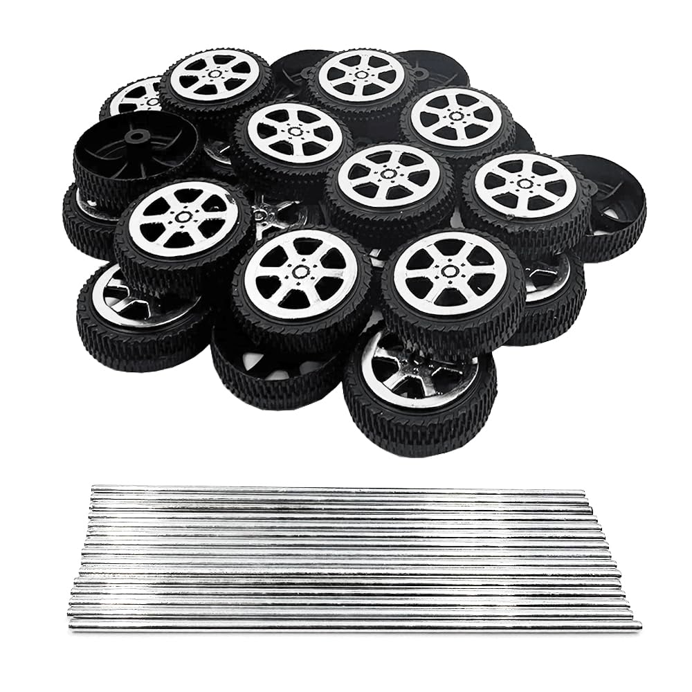 30PCS Toy Car Wheels 2mm Dia Shaft Plastic Wheels with 15PCS Shaft Round Rod Axles for Model Toys RC Car Truck DIY Craft (2X8X26MM)