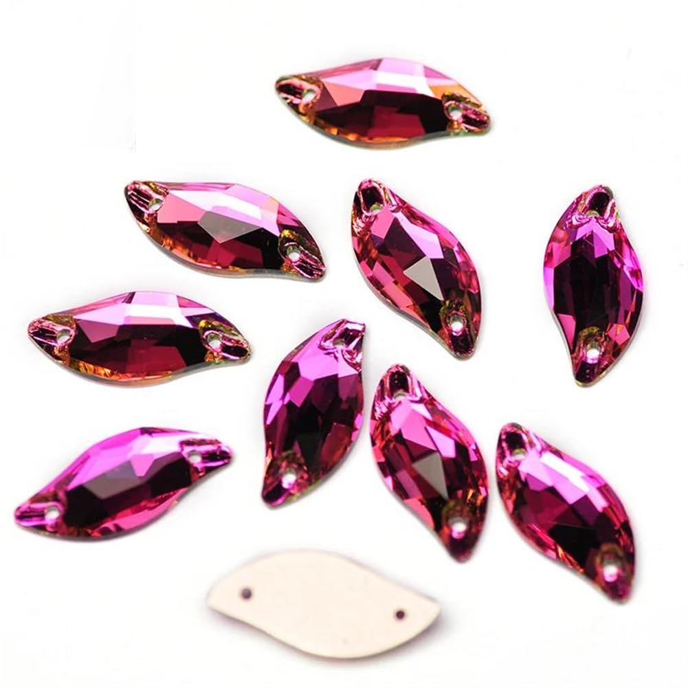 Perles de verre à coudre feuille diamant rose 9x20mm dos plat pour décoration textile