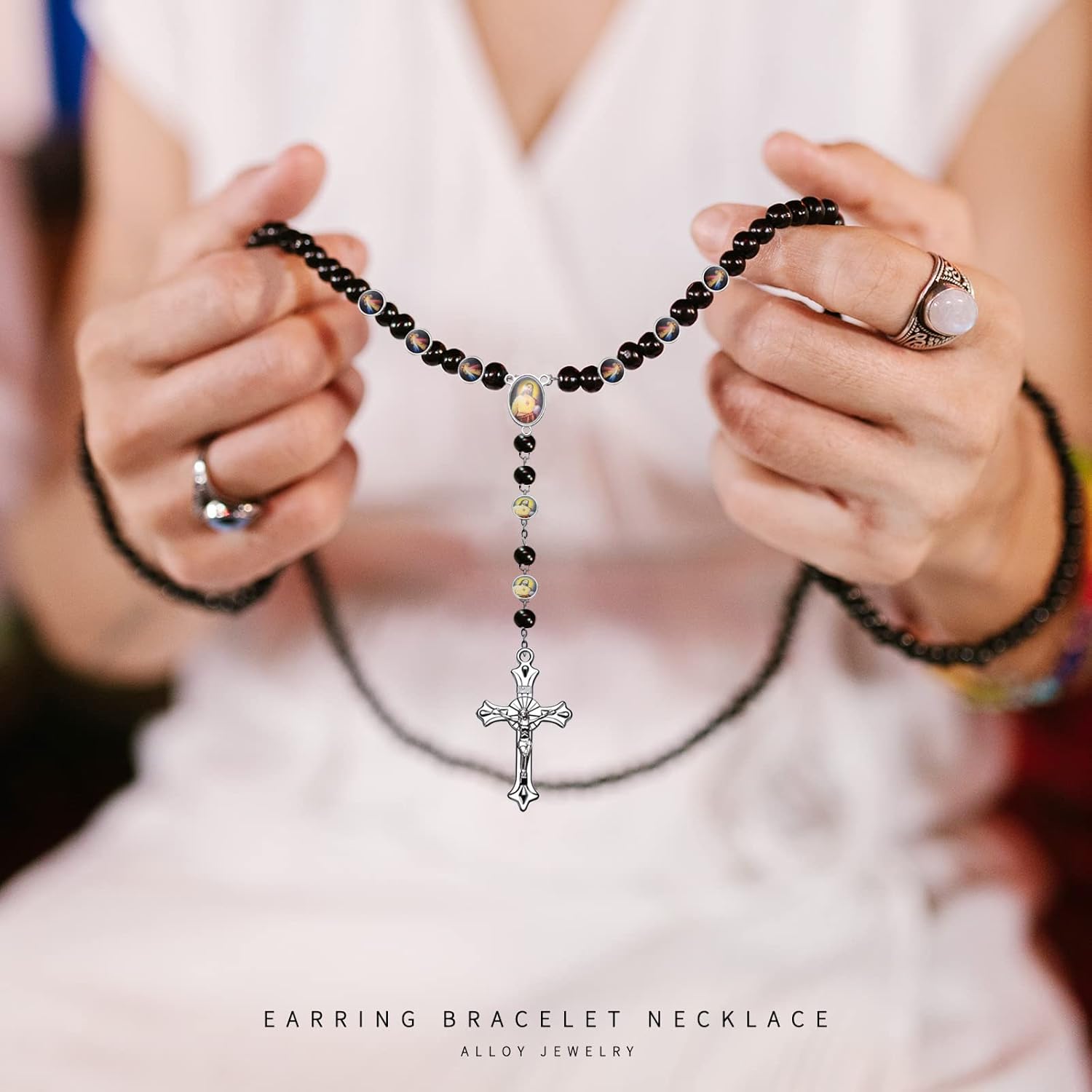 80pcs/40sets Rosary Cross and Center Miraculous Medal Charms Silver Picture Jesus Enamel Maria Our Lady Alloy Crucifix Pendants for DIY Necklace Bracelet Jewelry Making (A544) - Image 5