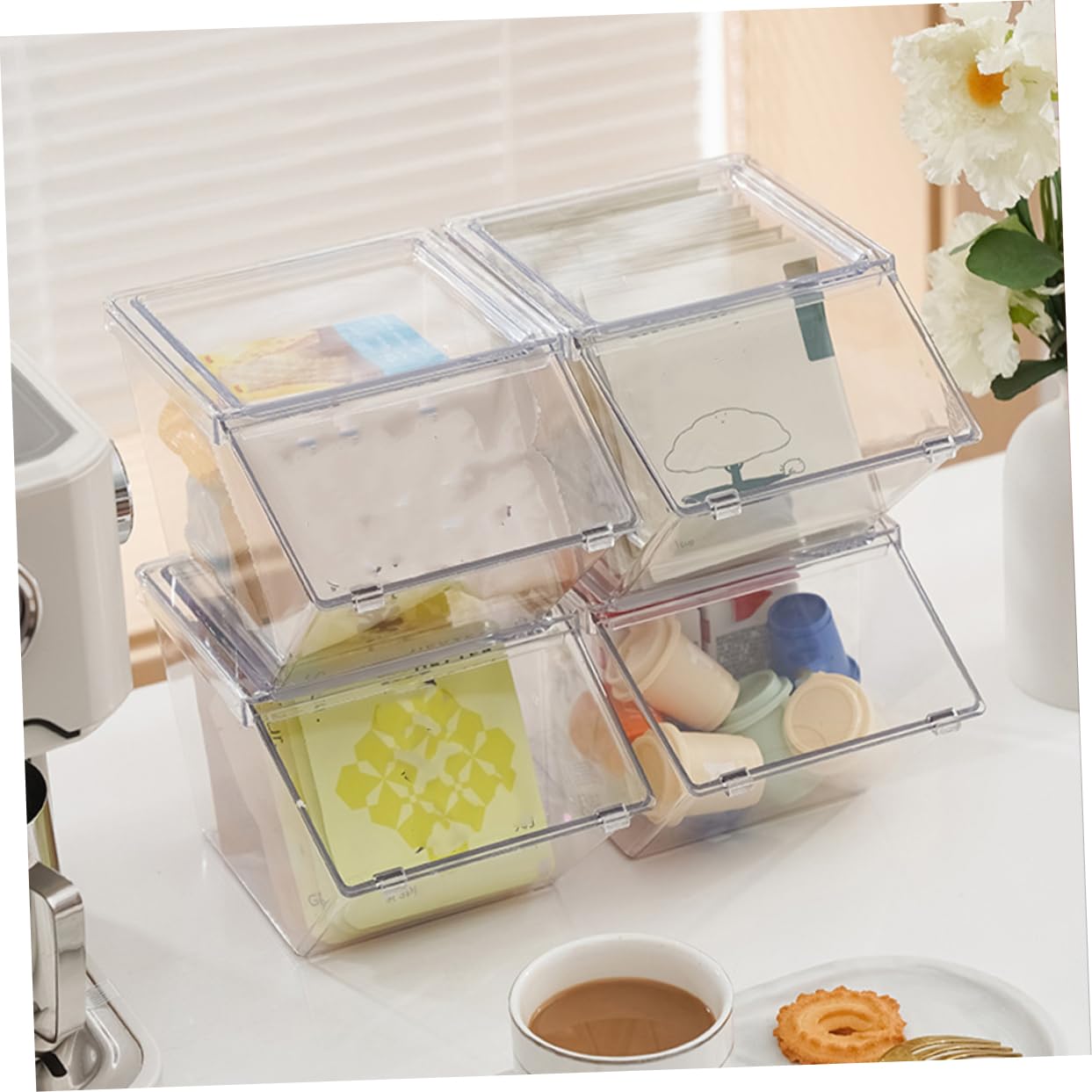 Cabilock Teebeutelbox mit Großem Offenen Fach und Deckel 4 Stück aus Acryl Stapelbarer Vorratskammer Organizer Einfaches und Elegantes Design für Küche als Theken Dekoration