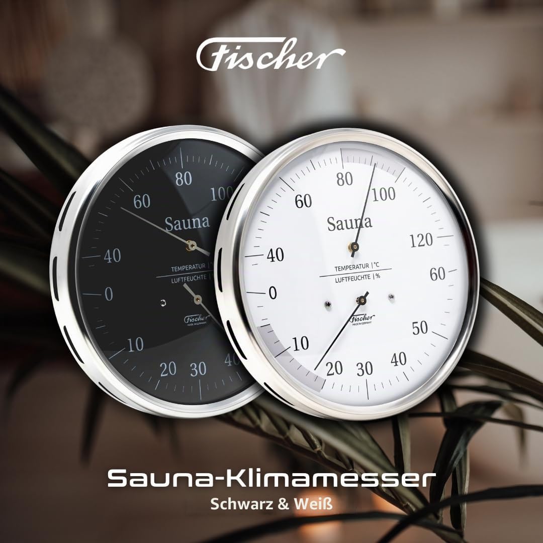 Fischer 194.01 - Sauna-Thermohygrometer - 130mm Haar-Hygrometer und Bimetall-Thermometer aus Edelstahl Made in Germany