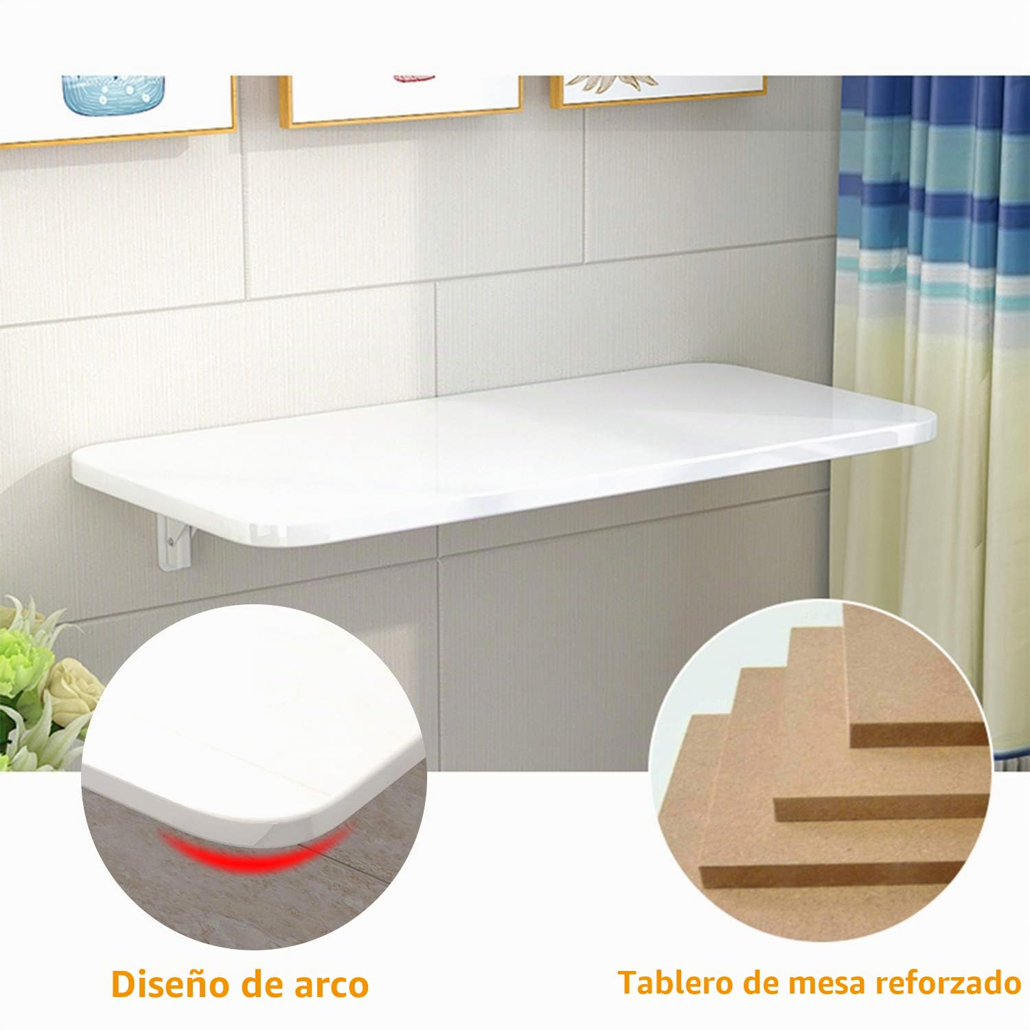 aleawol Mesa de pared plegable flotante para ordenador portátil, mesa de trabajo plegable, mesa de ordenador, mesa de comedor con soportes para ahorro de espacio (blanco 60 x 40 cm)
