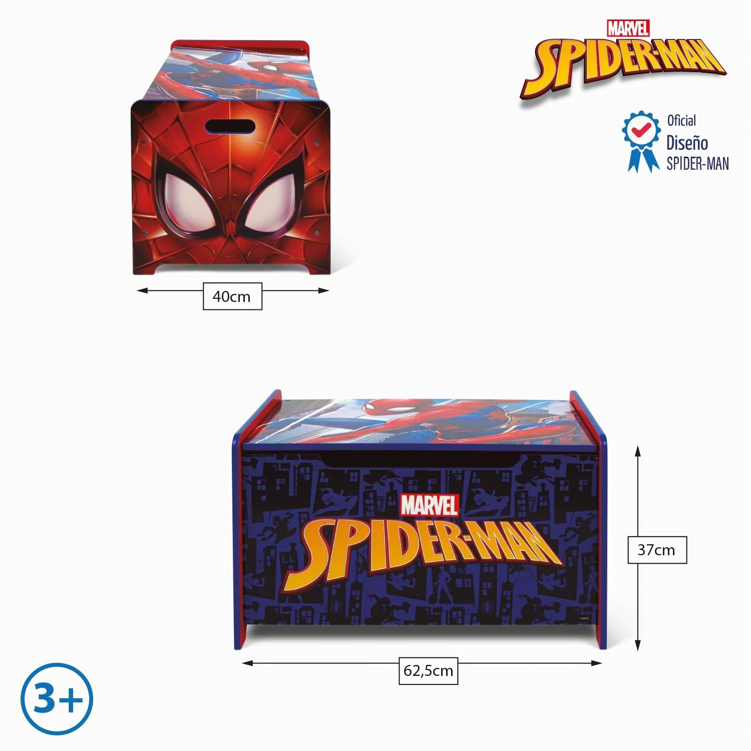 ARDITEX - Banco juguetero de madera de Spiderman (de Marvel) - 62.5x40x37cm - Color azul y rojo - Ideal para almacenar juguetes, ropa o cosas en un dormitorio infantil