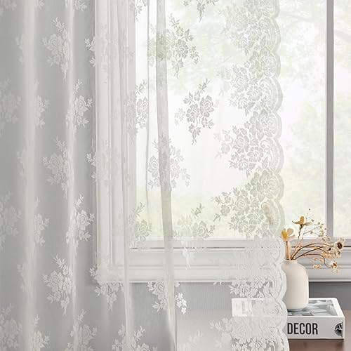 Miniatura 4 de Kotile Cortinas de encaje con ojales de 95 pulgadas de largo, cortinas rústicas de encaje floral, juego de 2 paneles para sala de estar, cortinas