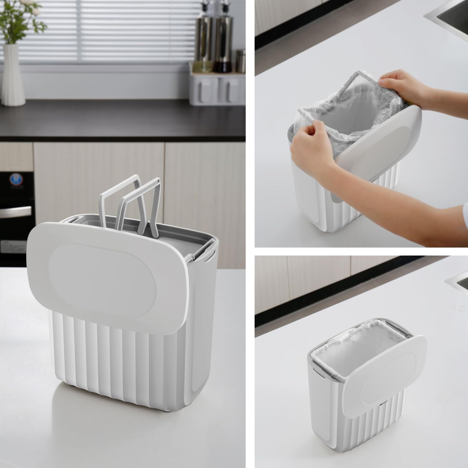 Poubelle 8L avec couvercle, poubelle suspendue pour cuisine et salle de bain, couvercle à 2 voies, montage sans perçage, PP+ABS, blanc, 25 x 15 x 25 cm