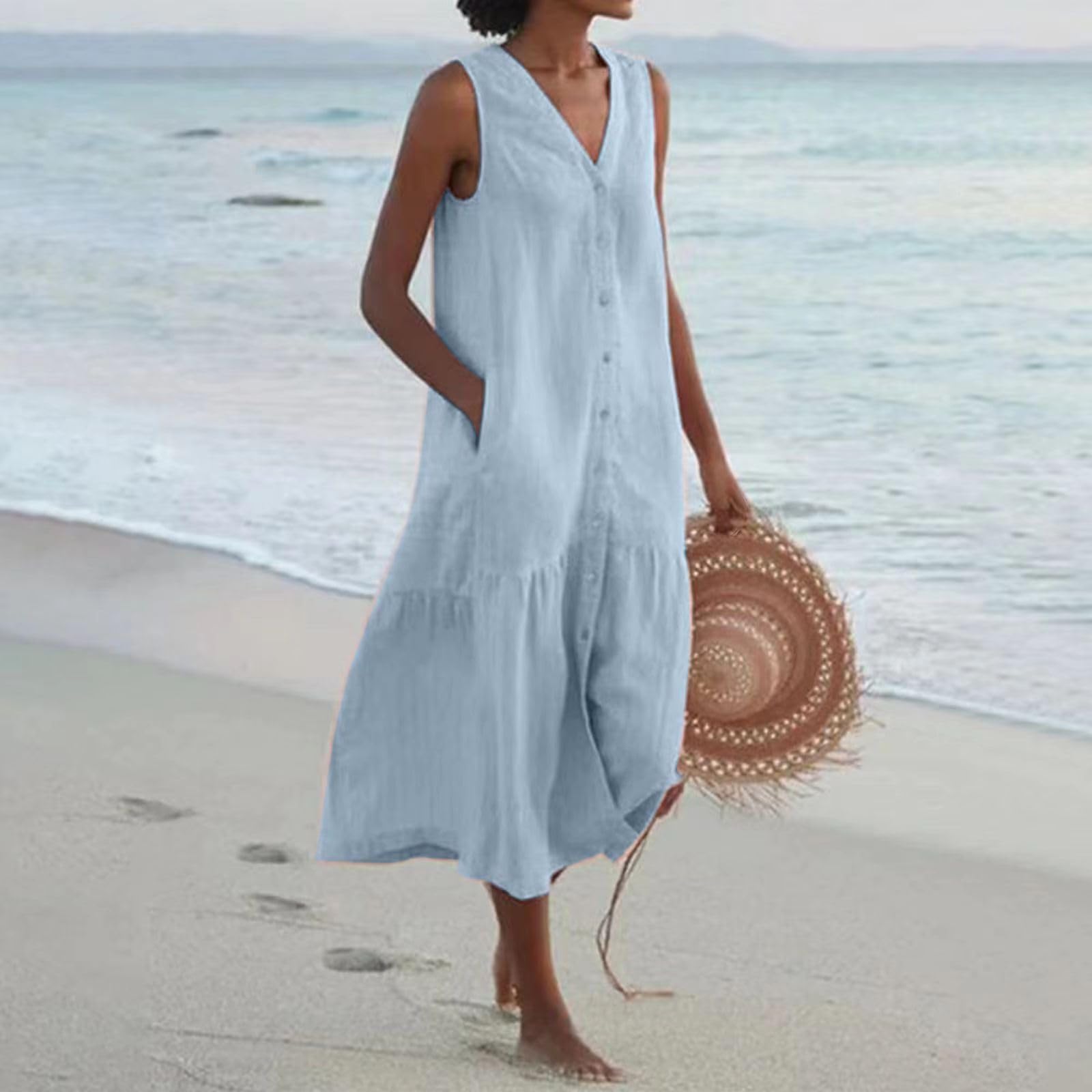 Spring Summer Sleeveless Cotton Linen Dress Summer Dresses for Women Sleeveless Pockets Vacation Maxi Dresses