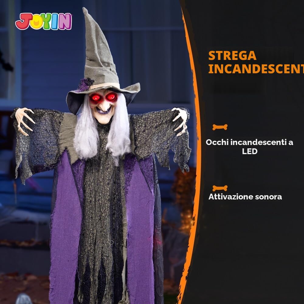 Decorazione da strega da appendere per Halloween con funzione di attivazione del suono, strega parlante animata con occhi rotondi per decorazione di Halloween, decorazione del prato