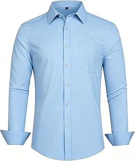 Men Button Down Dress Shirts Long Sleeve Casual Regular Fit Stretch Dress Shirt with Pocket Solid