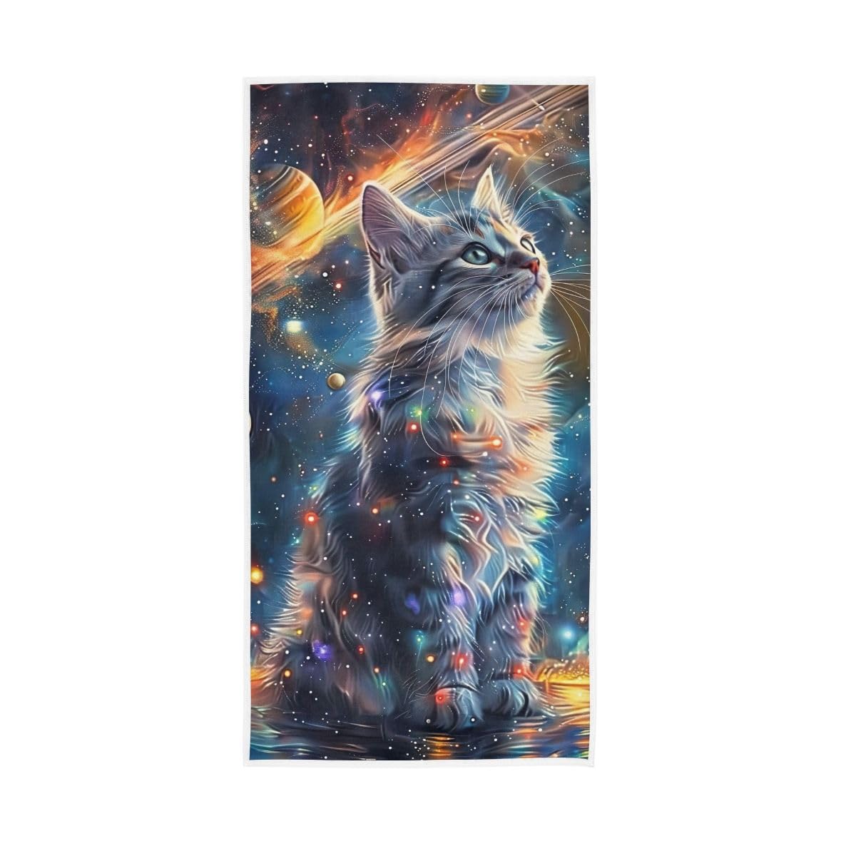 LSRCPD Cute Cat Looking Toward Planets Hand Towel, Farmhouse Hand Towels Bathroom 15 x 30 Inches