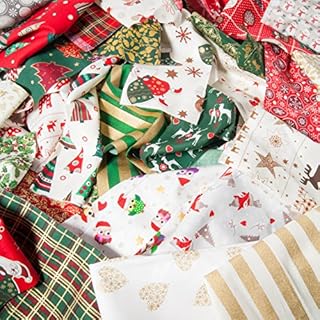Christmas Fabric Scraps Bag 100G Bundle for Craft Remnants 100% Cotton Off cuts Santa Reindeer Snowflake Holly Snowmen Tree Tartan