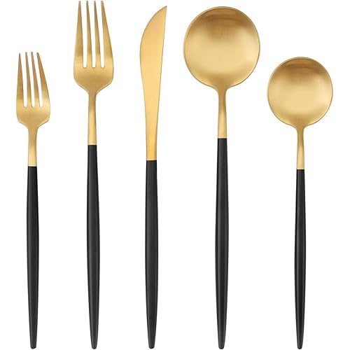 Matte Gold Silverware Set with black handle, Bysta 5-Piece Stainless Steel Flatware Set, Kitchen Utensil Set Service for 1, Tableware Cutlery Set for Home and Restaurant, Satin Finish, Dishwasher Safe