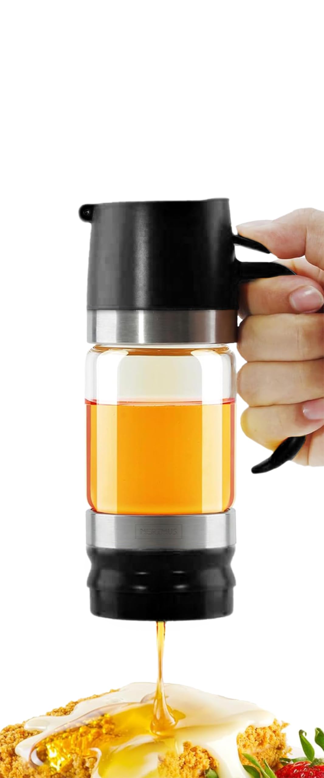 NERTHUS FIH 1479 350ml Honey Jar, Glass Dispenser with Silicone Base, BPA Free, Push Button Dispenser, Easy to Fill and Clean
