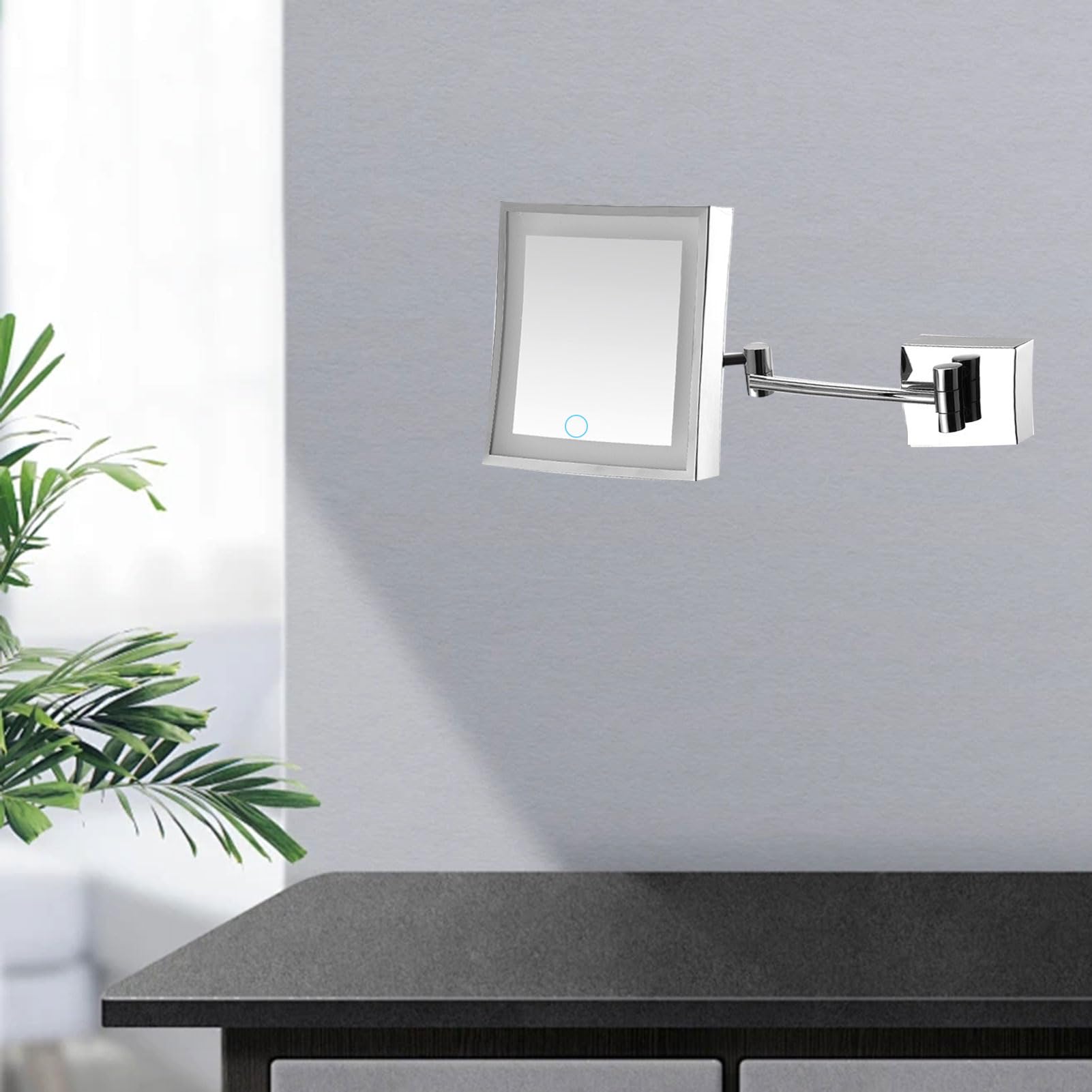 Specchio Ingranditore a Parete 3X, Specchio Cosmetico Quadrato su Un Lato, Specchio da Barba Ruotabile, Specchio Telescopico Retrattile, Specchio Trucco Touch Screen