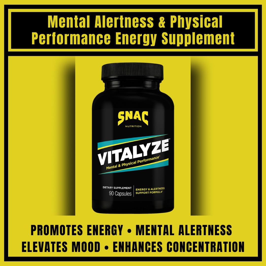 SNAC Vitalyze Mental Alertness & Physical Performance Formula - Vitamin B6 Ideal for Men & Women - Enhances Focus, Supports, Physical Performance & Nerve System - Improves Mood & Fatigue - 90 Capsules