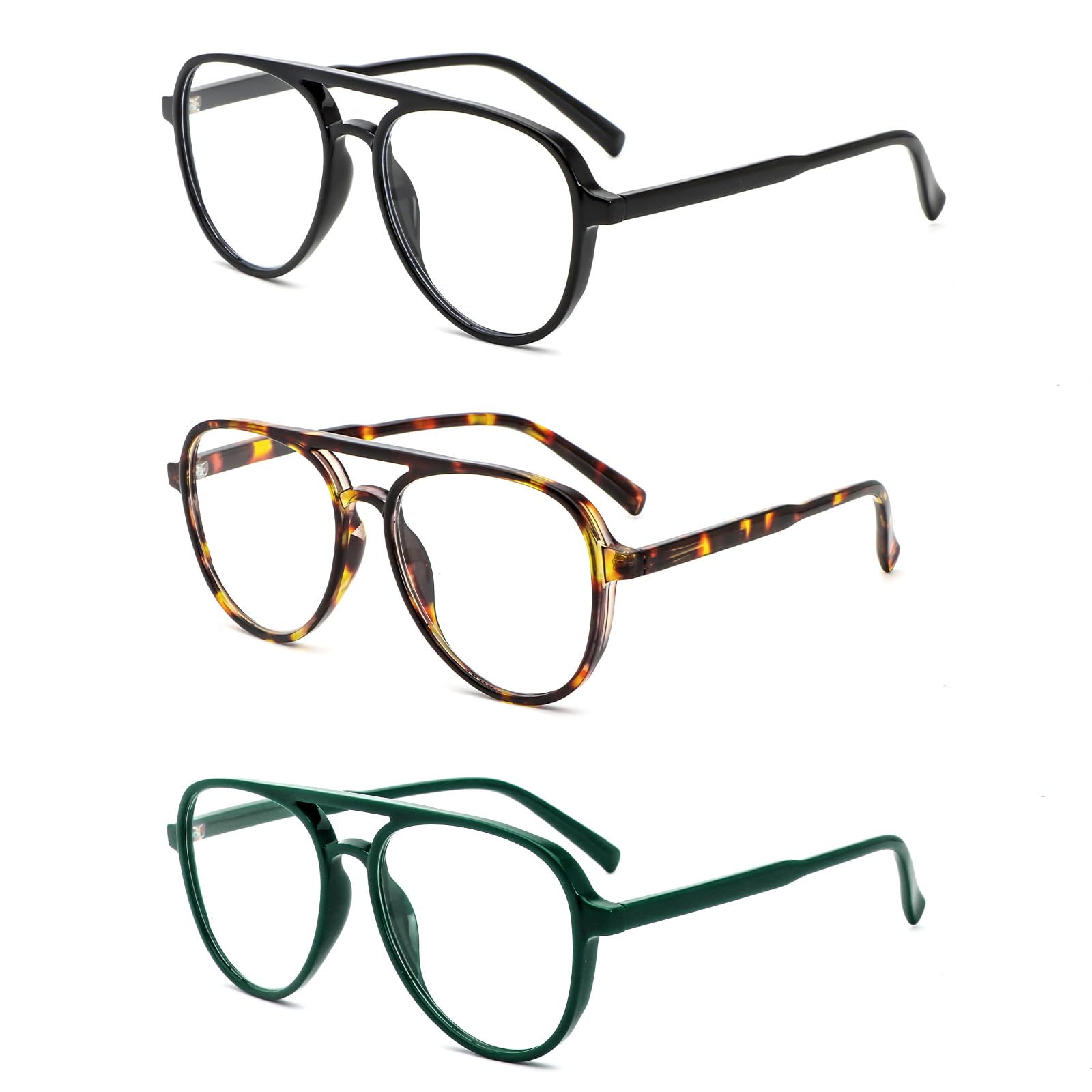 Photo 1 of MMOWW 3 Pack Oversized Aviator Reading Glasses for Women Men Retro Double Bridge Pilot Style Blue Light Blocking Computer Readers, Black/Tortoise/Green +2.0