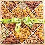Picture of NUT CRAVINGS - Thanksgiving Mixed Nuts Gift Basket in Reusable Diamond Wooden Tray + Green Ribbon (12 Assortments) Holiday Xmas Christmas Food Arrangement Healthy Snack Care Package