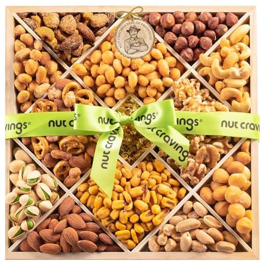 Nut Cravings Gourmet Collection - Mixed Nuts Gift Basket in Reusable Wooden Tray + Green Ribbon (12 Assortments) Fathers Day Food Bouquet Platter, Bday Care Package Healthy Kosher Snack Box, Women Men