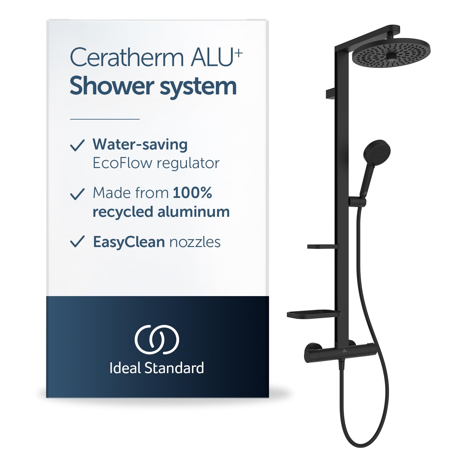 Ideal Standard - Alu+, aluminiowa termostatyczna kolumna prysznicowa, zewnętrzna bateria termostatyczna z podwójnym wylotem, czarny jedwab