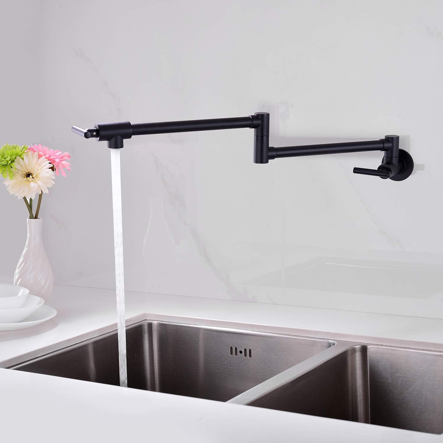 Rеvіеw LEETCP Pot Filler Faucet Wall Ount, Brass Material, Matte Black Color, with Double Joint Swing Arms, 2 Handles with 2 Cartridges to Control Water (Style Matte Black)