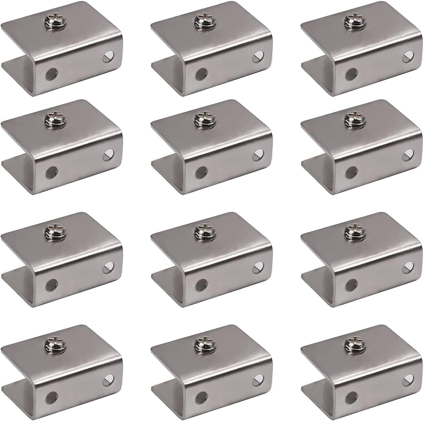 12PCS 1.42" x 1.1" x 0.63" (LxWxH) Glass Shelf Bracket Rectangular Adjustable Stainless Steel Glass Door Cabinet Clip Silver