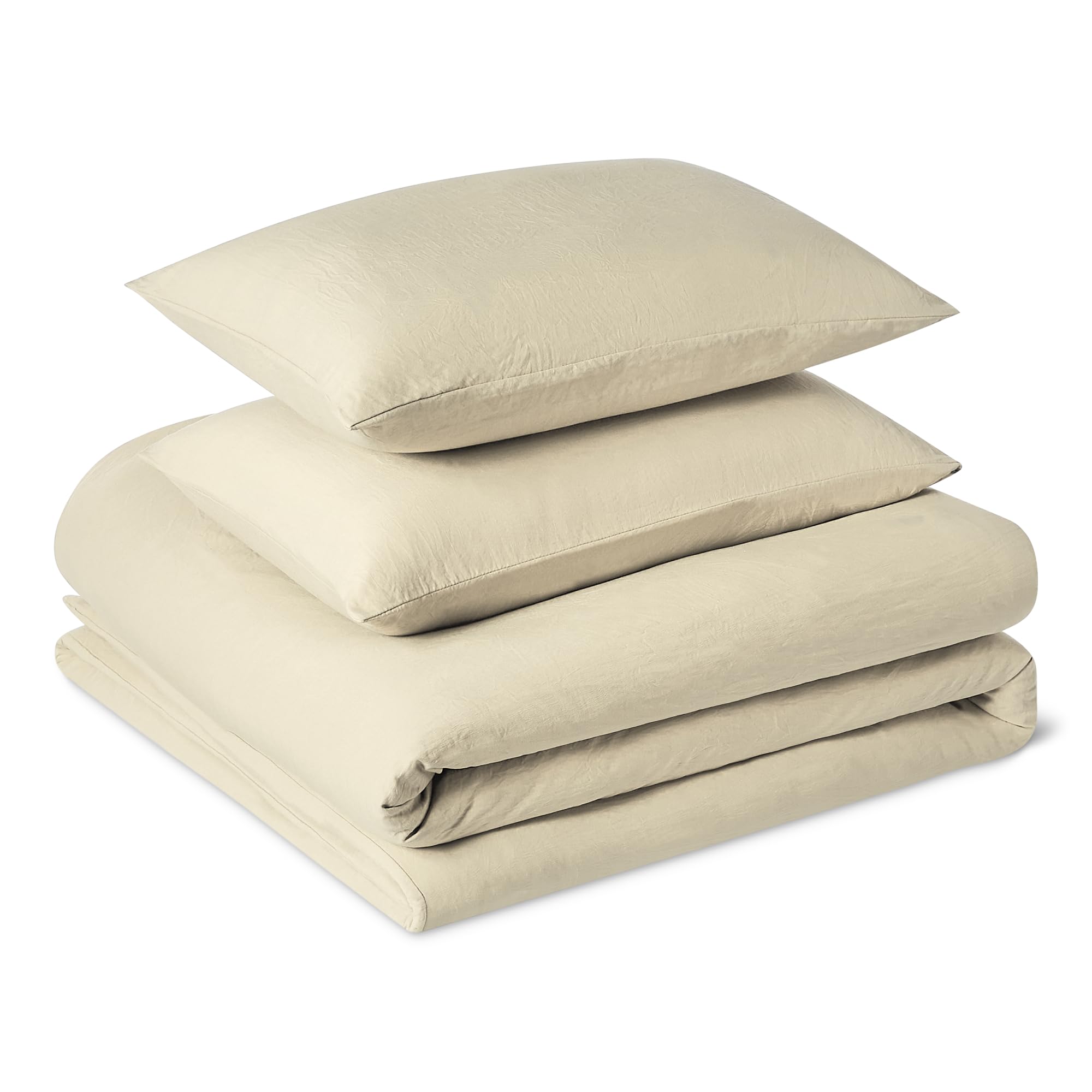 Amazon Basics 3-Piece Brushed Microfibre Double Duvet Set, Extra Soft Bedding, Relaxed Lived-In Look with Natural Creases, No Ironing Required, Duvet Cover 200x200 cm & 2 Pillowcases 50x80 cm, Beige