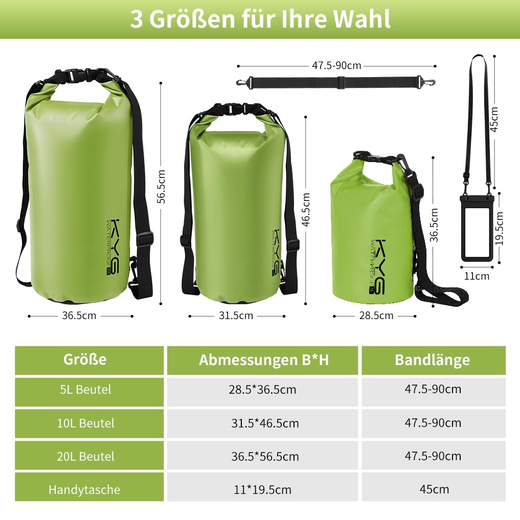 KYG Dry Bag Borsa Impermeabile, 5L/10L/20L, con Custodia Impermeabile per Cellulare, Borsa Asciutta per Spiaggia e Sport All'aperto, Escursionismo, SCI, Pesca, Arrampicata, Campeggio, Surf, Rafting