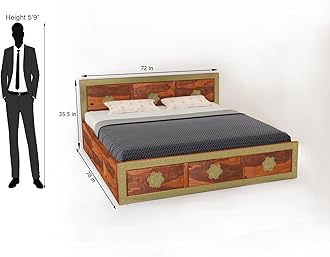 RJ ART Wooden King Size Bed with Storage | Double Bed Cot Bed with Box Storage | Bed with Traditional Brass Work for Bedroom & Hotel | Sheesham Wood | Honey Finish | Recommended Mattress Size: 78 X 72