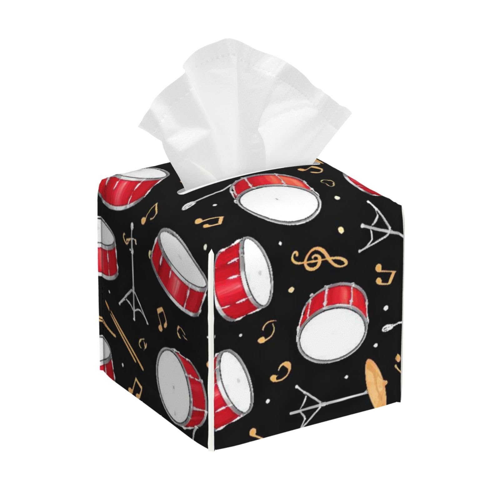 Black Drum Kit Leather Tissue Box Cover Holder Square Facial Paper Organizer 5.2" X 5.2" X 5.2"