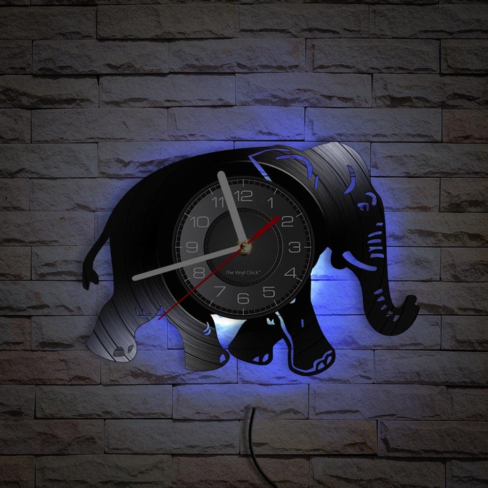 Smotly Seven Colors Vinyl Wall Clock, Elephant Shape Themed With Led Night Light Function, Meaningful Home Decor Wall Clock Gift. (Seven Colors)