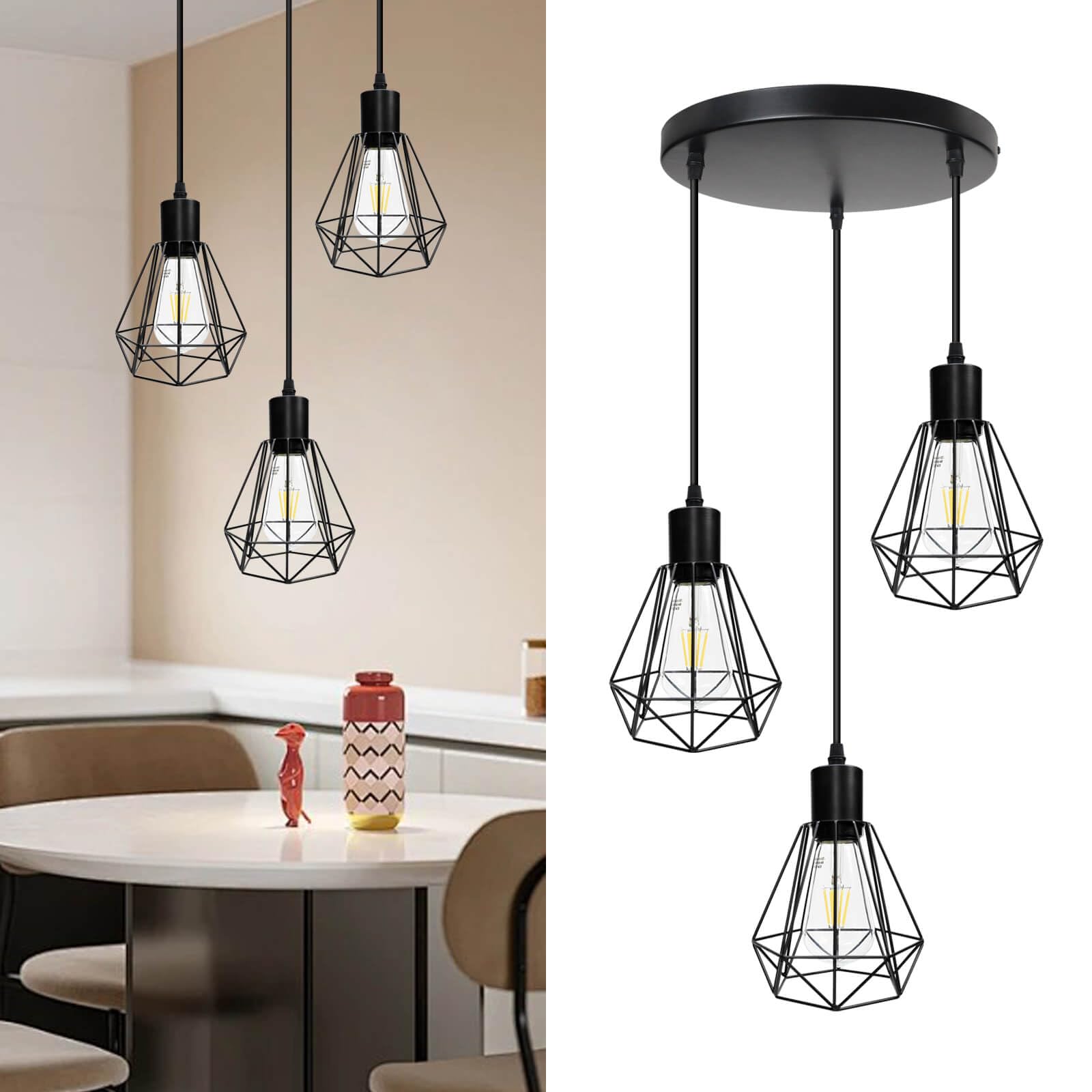 HiBay Hängelampe Esstisch E27 Pendelleuchte Vintage Küchenlampe Hängend 3 Flammig Esszimmerlampe Schwarz Hängeleuchte für Flur Wohnzimmer Schlafzimmer Max. 60W Ohne Leuchtmittel