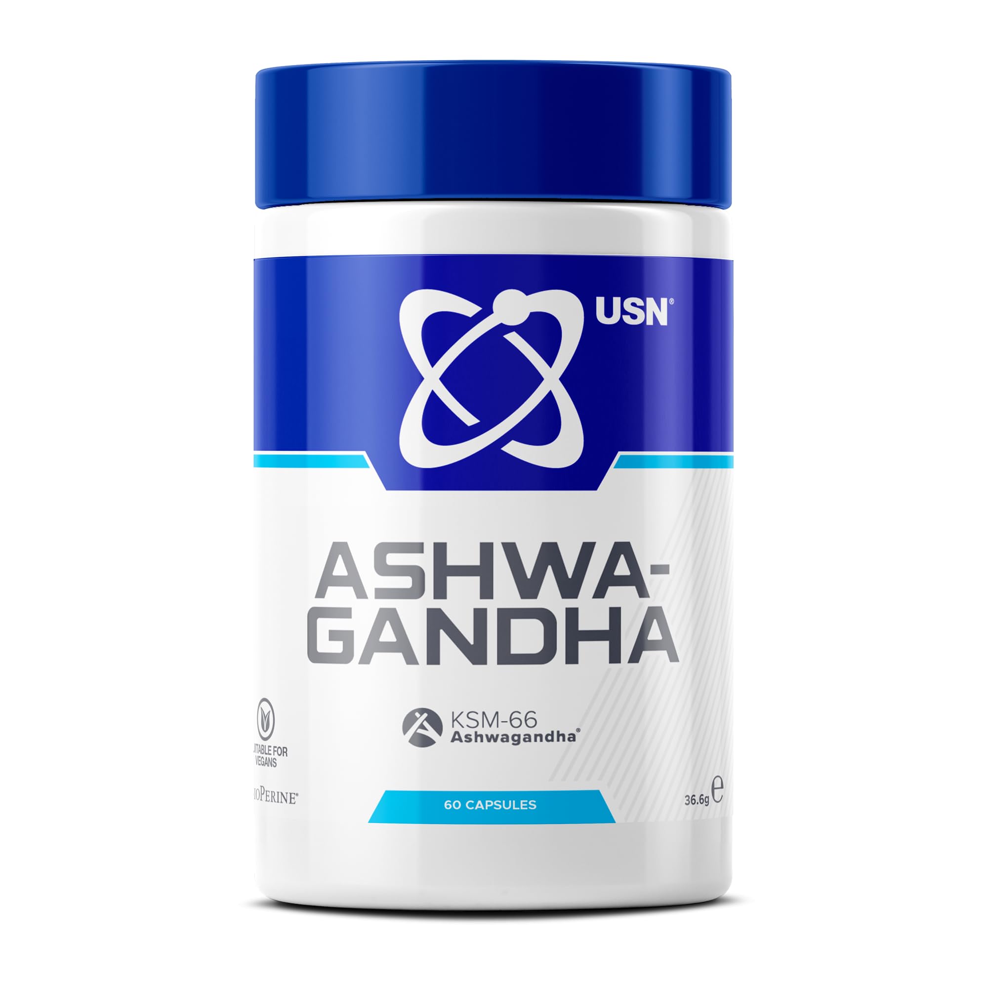 USN Ashwagandha, KSM-66 Dietary Supplement - 60 Capsules, Premium Natural Stress Relief Supplement, Added Bioperine to Aid with Absorption, Daily Dietary Supplement