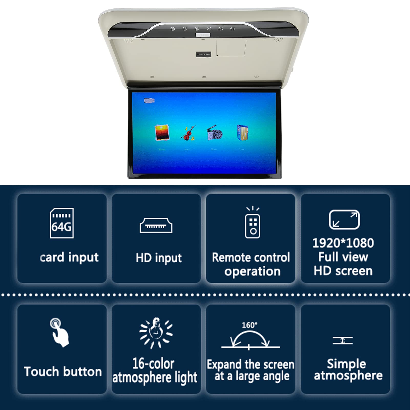 19in LCD 1080P Car Overhead Flip Down Monitor Techo de Visualización Completa HD TV Digital con Atmosphere Light Car Stereo Player MP5, HDMI IR FM USB SD 12V / 24V(Gris)