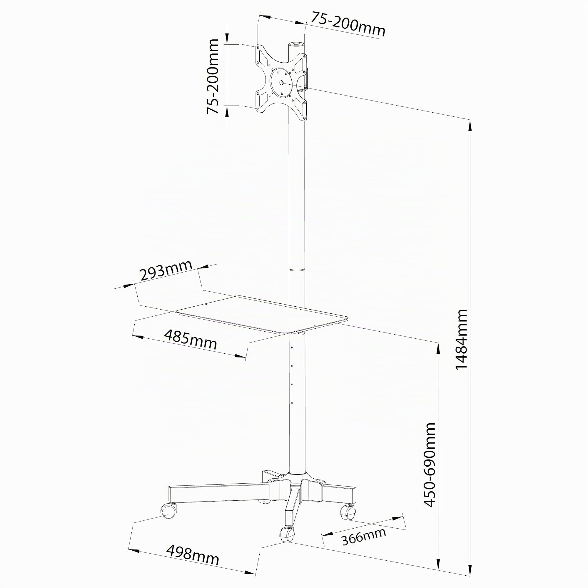 Regolabile supporto da pavimento per televisori LCD LED da 19-37 pollici (diagonale 48cm - 94cm), fino a 20 kg con VESA, max 200x200mm