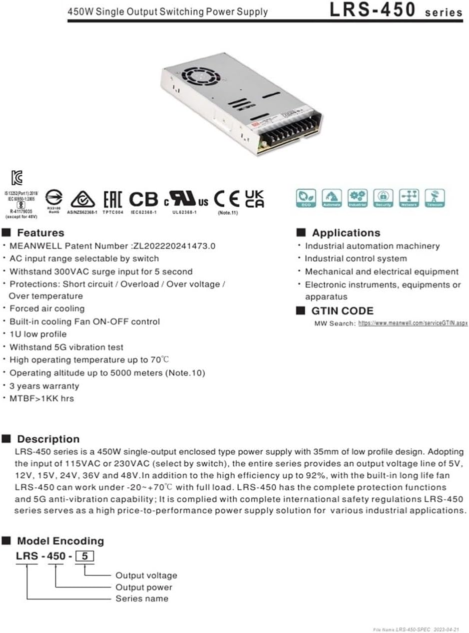 LRS-450-12 Switching Power Supply 450W Single Output Power Supply