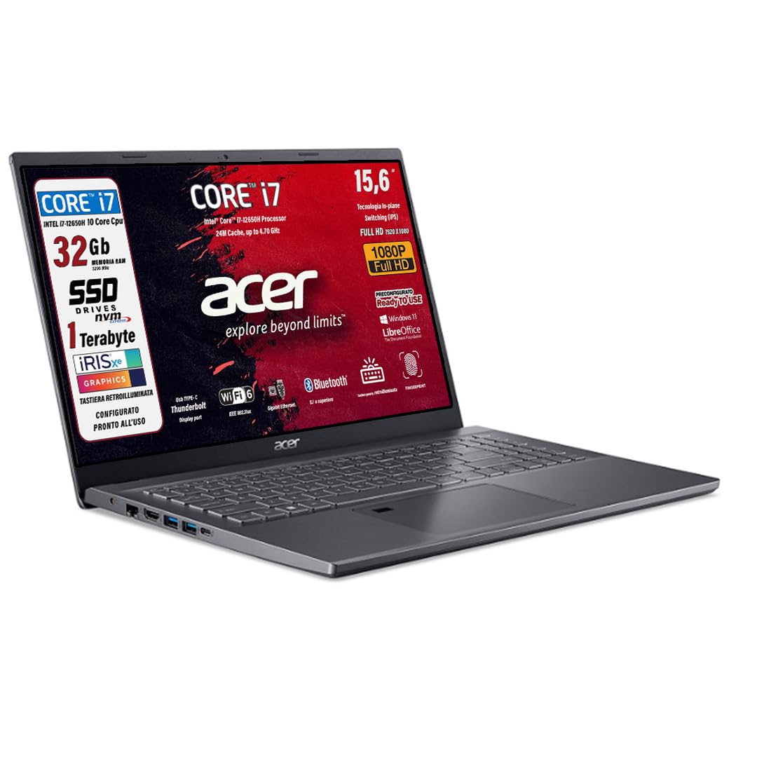 Acer Notebook, Intel Core i7 12650H, 10Core fino a 4.7Ghz, RAM 32 Gb, SSD PCIe NVMe 1TB, 15.6" FullHD, Tastiera Retroilluminata, Fingerprint, Wi-Fi 6, LAN, HDMI, Win 11 - Pronto all'Uso