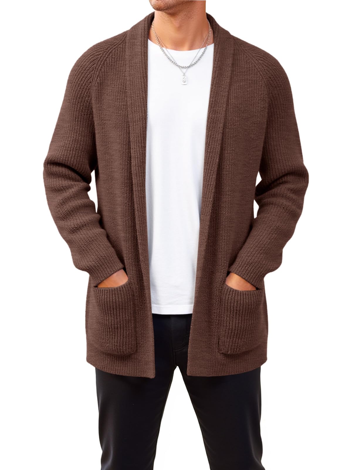 Runcati Men's Shawl Collar Long Cardigan Open Front Casual Knit Sweaters