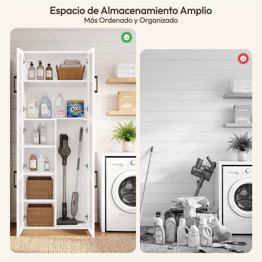 Yaheetech Armario de Almacenamiento Mueble Multiuso Estrecho Blanco | de 175,5cm de Altura y 37,5cm de Profundidad, con 4 Puertas y Compartimento para Aspiradora