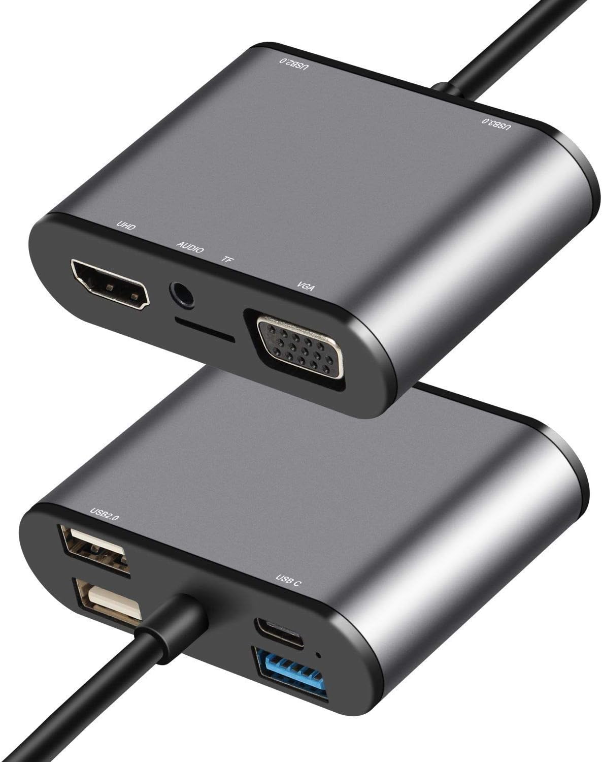 USB C Hub to HDMI VGA Adapter - 8 in 1 USB C Adapter with 4K@30Hz HDMI, VGA, USB 3.0, 2 USB 2.0, Micro SD, 3.5mm Audio Jack, Type C Charging Compatible with MacBook Pro,DX15 and More - Space Grey