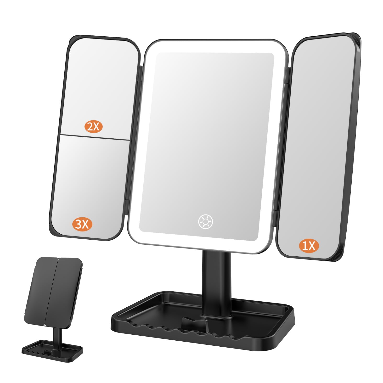 Travel Lighted Makeup Mirrors, 1x /2x/3x Trifold Magnifying Mirror, Black