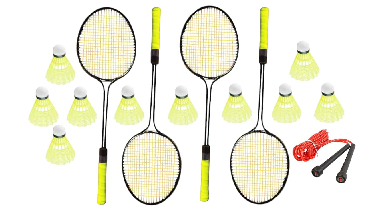 Badminton Racket Set, 4 Rackets with 10 Nylon Shuttlecocks and Skipping Rope