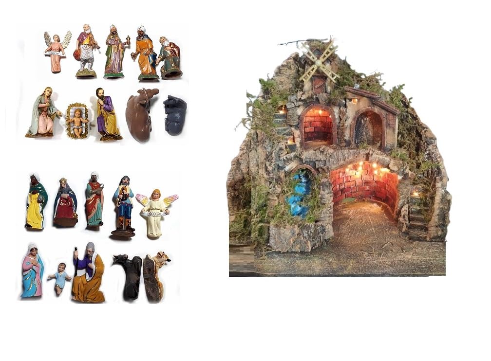 BLUSUPERSHOP Krippe komplett art7 50 x 40 cm Höhe 50 cm Holz und Kork Wasserfall und Mühle mit oder ohne Hirten ohne 10 Schäfer 10 cm Terracotta oder 10 cm Kunststoff Heiliges Grigorium Armen Tempel